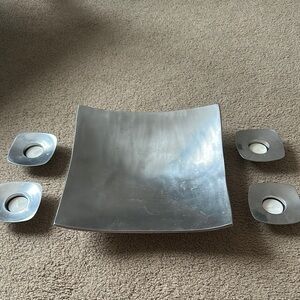 Silver Square Plate and Candle Holders Set